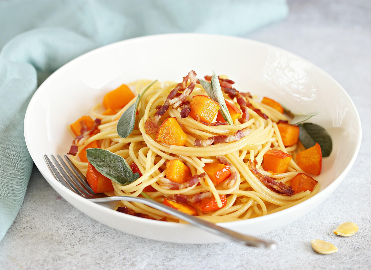 Linguine with pancetta, sweet pumpkin and chestnuts